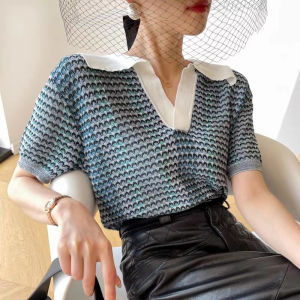 เสื้อสเวตเตอร์ถักแขนสั้นผ้าฝ้ายผสมทรงหลวมสบายๆ สไตล์ลำลองสำหรับฤดูร้อนปี 2022 เสื้อผ้าทำงานคอตตอนลายดอกไม้สีพื้นสำหรับผู้หญิง