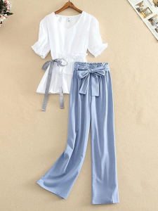 plus Size Slimming Summer Autumn Loose Fit Short Sleeve Wide Leg Pants Two Piece Set for plus Size Women V Neck Casual Sportswear