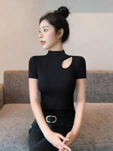 Slim Fit Short Sleeve T-Shirt Womens Black Hollow out Design High Neck Commute Style Korean Fashion Summer Top Cat Me Brand