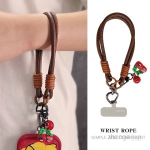 Handmade Double Strand Leather Phone Lanyard Short Style with Bell Decoration Portable Key Holder Anti-Loss Wrist Strap