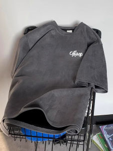 American Style Suede Short Sleeve T-Shirt Mens Summer Heavyweight Oversize Casual Body Shirt Trendy Loose Fit Printed Knitwear