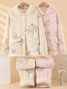 Thickened Composite Lamb Velvet Pijama Set Womens Winter Warm Home Clothes Floral Print Flannel Traditional Chinese Style Long Sleeve Sleepwear