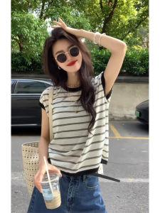YUEZHONGWEI | Áo thun nữ tay ngắn dệt kim ôm vừa vặn mùa hè 2025 Áo thun cổ tròn tay ngắn màu tương phản kẻ sọc có dây rút