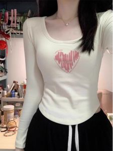 Slim Fit Cotton T-Shirt Womens Inner Spring Autumn New Large Collar Long Sleeve Short Base Shirt Top Square Collar Base Shirt