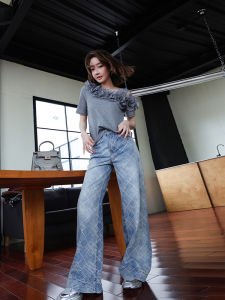 Design Blue Check Washed Loose Straight Flared Jeans
