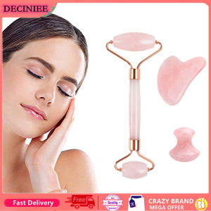 DECINIEE 3Pcs/Set Natural Rose Quartz Jade Roller Real Jade GuaSh Board Mushroom Massager Face Lifting Tool Facial Guash Massage Kit