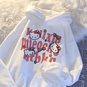 Girls Hooded Sweatshirt Fleece Letter Print Cartoon Kitty Cat Korean Style Middle Large Childrens Winter Thermal Top