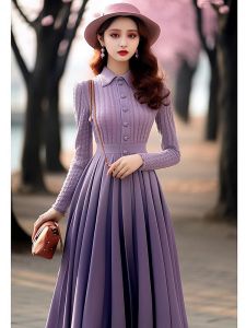 Purple Knitted Long Dress Womens Elegant Spring 2024 Fashion Inner Wear Small Fragrance Style A-Line Skirt Cotton Dress