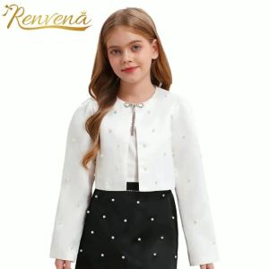 Bunga Girl Bolero Long Sleeve Satin Coats mutiara Faux jaket pendek kanak-kanak Shrug pakaian luar untuk aksesori perkahwinan parti bungkus