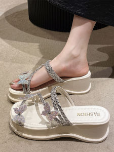 Karakum Butterfly Water Diamond Thick Heel Sandals Womens Summer Outdoor Wear Fashionable Two-Way Beach Slippers
