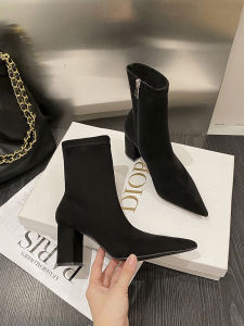 รองเท้าบูทส้นสูงทรงหัวแหลมสำหรับผู้หญิง ฤดูใบไม้ผลิและฤดูใบไม้ร่วง รองเท้าหนังนิ่มแบบยืดหยุ่น สไตล์ฝรั่งเศส ส้นหนา ทรงหัวแหลม