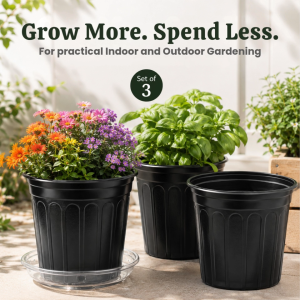 3-Pcs Plastic Flower Pot Set with Drainage Holes | Outdoor Indoor Plant Pots with Optional Saucers