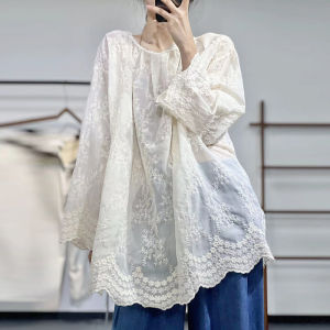 Ancient and Color Autumn Artsy Loose-Fitting Lightweight Thin Ramie Hook Embroidered Long Sleeves round Neck Pullover Mid Length Long Length Shirt Tops Women
