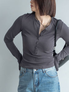 Spring 2025 New Style Simple Versatile Deep Grey Slimming Pure Desire Long Sleeve Fitting Design Sensation Simple Inner Wear T-Shirt