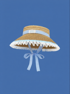 French Grid Ribbon Raffia Wide Brim Hat