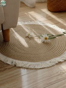 Linen Cotton Woven Floor Mat Large round Home Use Carpet Window Rug Folk Homestay Renovation Study Tea House Tea Table Mat Nordic Style
