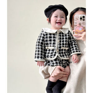 ชุดฤดูใบไม้ผลิและฤดูใบไม้ร่วงสำหรับเด็กผู้หญิง ชุดเสื้อคาร์ดิแกนแขนยาวลายสก็อตพร้อมกางเกงขายาว ชุดสองชิ้น ชุดเด็ก เสื้อผ้าเด็ก