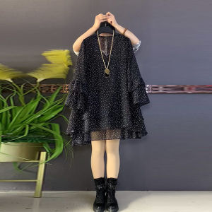 plus Size Womens Loose Fit Long Sleeve V-Neck Polka Dot Shirt Cover Belly Trendy Maturity Style Casual Wear Korean Version