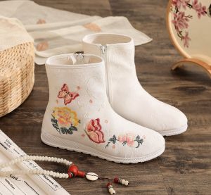 Spring Summer Low Heel Embroidered Hanfu Boots Middle Tube Dance Shoes for Women Flat Heel Floral Pattern Youth Casual Footwear