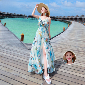 Beach Dress for Women Thailand Bali Holiday Bohemia Chiffon V-neck Skirt with Shoulder Straps Seaside Dress Long Dress Summer