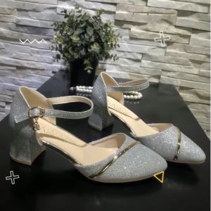 Pointed Toe Glitter Heels Women Slip On Sandals With Buckle 2 Inch Heels For Women