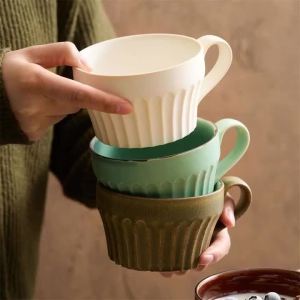 350ml Japanese Retro Vertical Grain Ceramic mug Creative Coffee cup Handmade Breakfast Oatmeal Cup Home office Tea Cup Drinkware