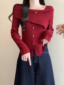 Red Long Sleeve Autumn Plus Size Flattering Off-shoulder Blouse