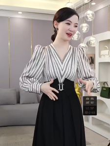 Đầm Xoè Lụa Phối Sọc Chiết Eo - RO110 Full Size M L XL XXL Sang Trọng