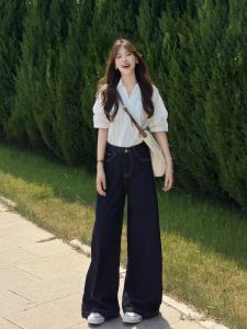 Quần Jeans Ống Rộng Cạp Cao Denim Xanh Cổ Điển Cho Nữ Quần Dài Đến Sàn Cạp Cao Cỡ Lớn Quần Jeans Thường Ngày Cho Nữ