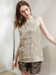 Miccbeirn | Pure Linen Embroidered Sleeveless Vest Top French Artistic Style Simple Commute Round Neck Inner Wear Summer Season Floral Pattern
