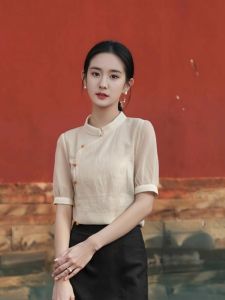 New Chinese Style Light National Trend Silk Shirt Womens Oblique Lapel Short Sleeve Summer New Style Straight Tube Top