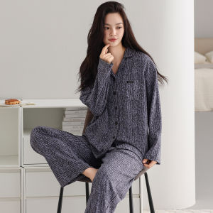 MiiOW | Bộ đồ ngủ dài tay bằng cotton nguyên chất mềm mại thoải mái cho nữ Bộ đồ mặc nhà mùa thu cỡ lớn màu trơn đơn giản