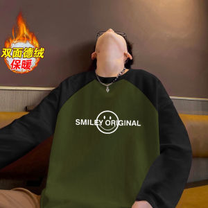 Áo Thun Nam Cổ Tròn Dày Dặn Lót Lông Cừu Mùa Thu Đông Áo Thun Dài Tay Màu Khối Thời Trang Công Sở Thường Ngày