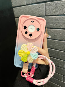 Pink Blue Gradient Huawei Mate70Pro+ Phone Case with Petal Stand Womens Style Hand Cord Protective Cover Anti-Fall Silicone