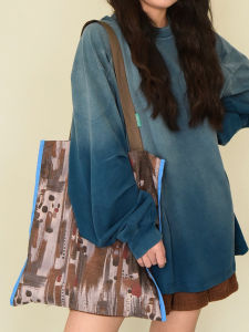 Haahua Retro Canvas Tote Bag Art Student Large Capacity Casual Commuting Bag Contrast Color Soft Handle Printed Magnetic Buckle