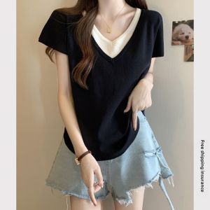 Splice Fake Two-Piece V-Neck Shoulder-Drop Short Sleeve T-Shirt Women Summer 2023 New plus Size Design Sensation Niche Top