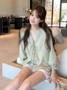 Lace Trim Loose Fit Long Sleeve Shirt Womens Green Casual Style Summer Fashion Versatile Wide Range of Sizes Slimming Top