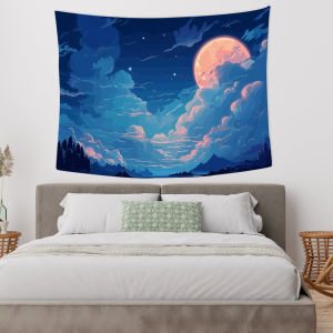 VIKAMA Chữa Lành Trăng Đêm Mây Biển Rừng Tươi Tươi Thảm Polyester Phòng Khách Phòng Ngủ Treo Tường Trang Trí Vải Nền