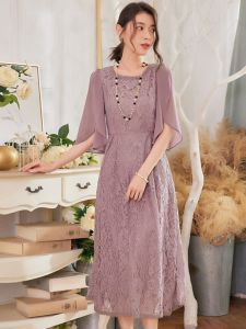 Summer New High Waist Lace Splicing Chiffon Dress Womens Gown Wedding Party Dress Korean Style Bell Sleeve Midi Skirt