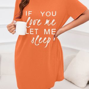 Womens Letter Printed Short Sleeve Round Neck Nightgown Plus Size Casual Home Dress Micro Stretch Student Sleepwear
