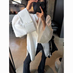plus Size Early Autumn New Style White Cotton Linen Wide Sleeve Slimming Long Sleeve Versatile Mid-Length Shirt Top