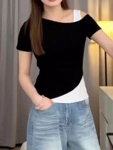 Áo Thun Tay Ngắn Hở Vai Phong Cách Mỹ Dành Cho Nữ Mùa Hè Thiết Kế Hai Mảnh Giả Ôm Vừa Vặn Gợi Cảm Ngắn Tay Áo Thun Cotton