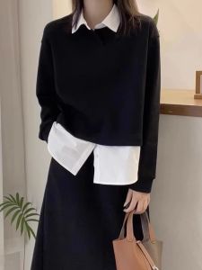 Elegant French Design Faux Two-Piece Polo Collar Shirt