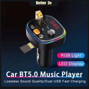 LED Digital Display Car Bluetooth FM Transmitter Dual USB Fast Charging Phone Charger Navigation Broadcast Wireless MP3 Music Player With RGB Ambient Light