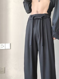 Ice Silk Mens Straight Leg Loose Fit Casual Pants Belted Low Waist Trousers Trendy Drapey Workwear West Pants Summer