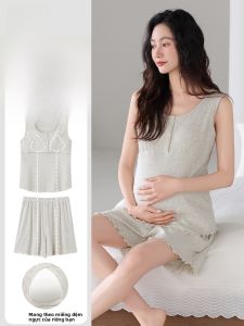 MiiOW | Bộ đồ ngủ mùa hè không tay có đệm ngực cho bà bầu MiiOW phong cách đơn giản quần short dài ngắn thoải mái thoáng khí