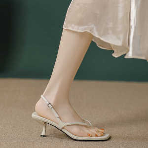 French High Heels Womens Summer New Arrival Genuine Leather Flip-Flops Stiletto Heel High Heel Sandals Buckle Cat Heel Flip-Flops