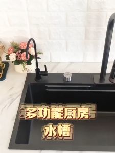 kitchen sink New black nano 304 stainless steel waterfall kitchen sink 3mm thick waterfall faucet single sink