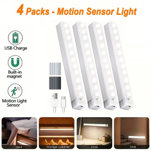 4pc Wireless Rechargeable LED Motion Sensor Cabinet Light - Ideal for Closet Kitchen Wardrobe Stairs - Battery Operated Night