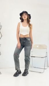 [BAYLE] - 1015 ZB JEANS | Celana Panjang Wanita Jeans Ripped Tembus Hitam Boyfriend Jeans Non Stretchy